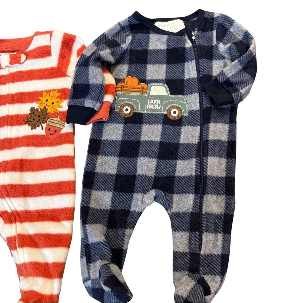Fall Pumpkin Truck and Leaves Infant Fleece One Piece Footie‎ Sleepers Size 0/3